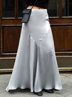 Jupe en satin gris avec fente taille haute couleur unie jupe longue d'été trapèze pour femme 2026