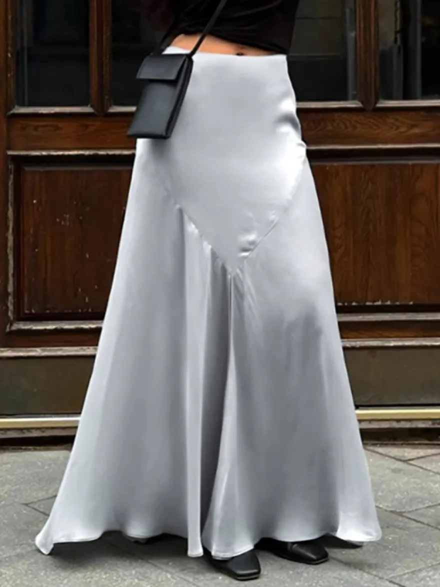 Jupe en satin gris avec fente taille haute couleur unie jupe longue d'été trapèze pour femme 2026