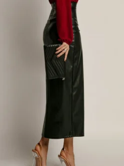 Jupe en similicuir avec fente latérale taille haute couleur unie jupe mi-longue chic en PU pour femme 2026
