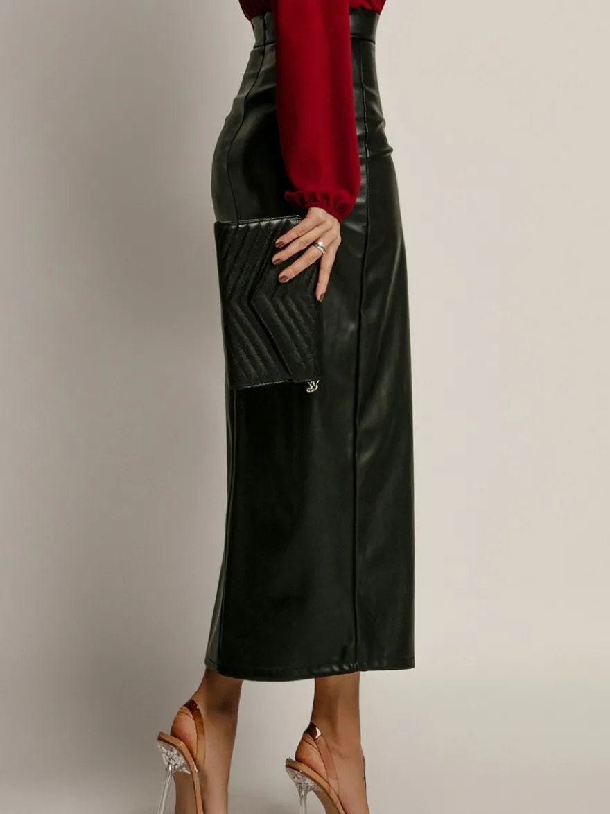 Jupe en similicuir avec fente latérale taille haute couleur unie jupe mi-longue chic en PU pour femme 2026