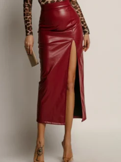 Jupe en similicuir avec fente latérale taille haute couleur unie jupe mi-longue chic en PU pour femme 2026