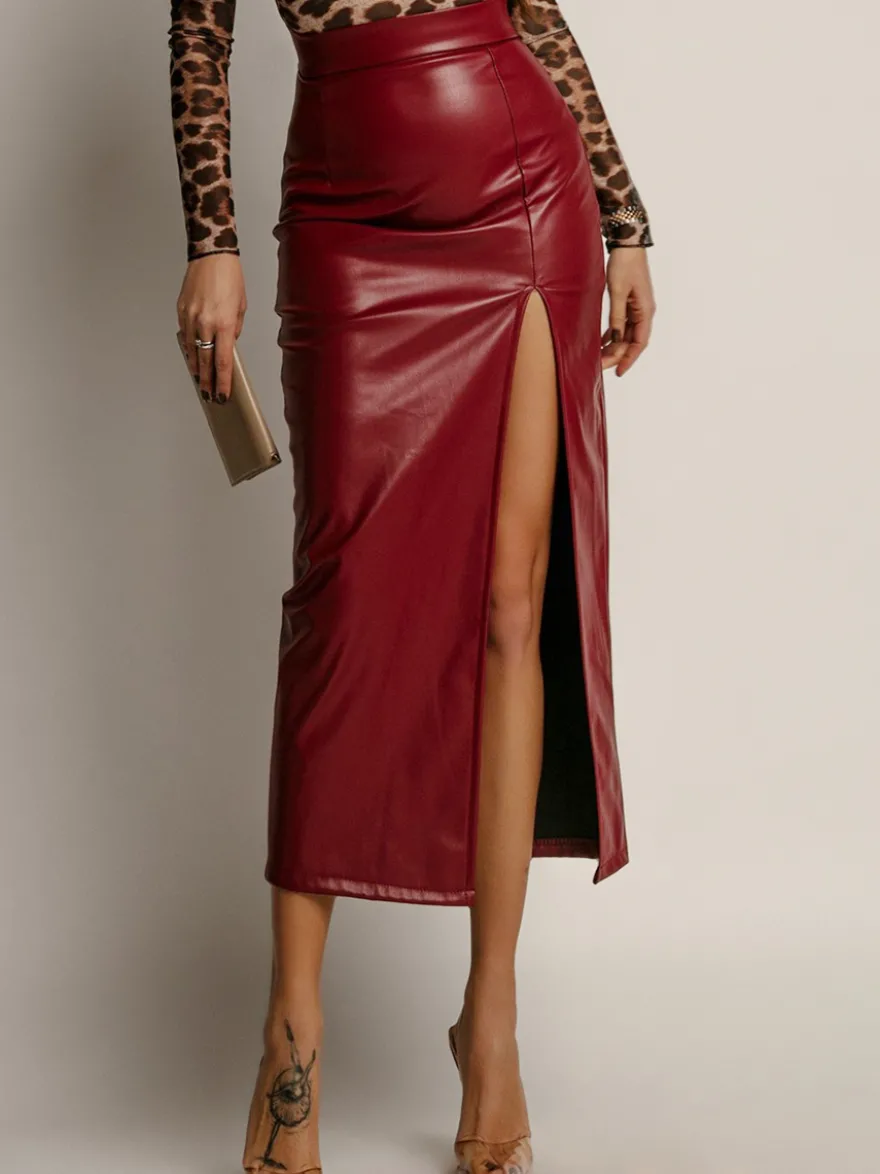 Jupe en similicuir avec fente latérale taille haute couleur unie jupe mi-longue chic en PU pour femme 2026