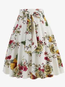 Jupe imprimée vintage années 50 pour femme - Jupe midi trapèze taille haute rétro avec ceinture - Idéale pour une soirée tropicale d'été 2026