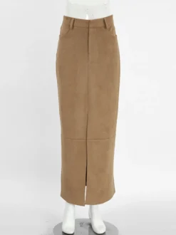 Jupe longue en faux daim pour femme - Chic fendue sur le devant taille haute - Collection streetwear printemps 2026 luxe discret