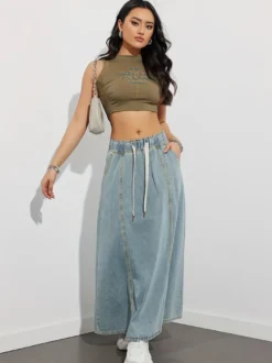 Jupe longue en jean à taille élastiquée avec cordon de serrage pour femme - Jupe longue évasée coupe trapèze décontractée avec poches - Collection printemps 2026