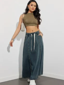 Jupe longue en jean à taille élastiquée avec cordon de serrage pour femme - Jupe longue évasée coupe trapèze décontractée avec poches - Collection printemps 2026