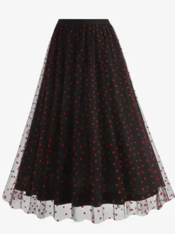 Jupe longue élégante en tulle à motif cœur pour femme - Jupe longue trapèze taille haute en maille vaporeuse - Tenue de soirée printemps-été 2026