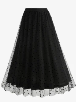 Jupe longue élégante en tulle à motif cœur pour femme - Jupe longue trapèze taille haute en maille vaporeuse - Tenue de soirée printemps-été 2026
