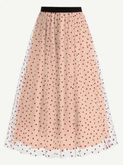 Jupe longue élégante en tulle à motif cœur pour femme - Jupe longue trapèze taille haute en maille vaporeuse - Tenue de soirée printemps-été 2026