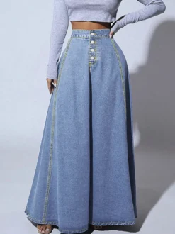 Jupe longue maxi en jean à empiècements taille haute pour femme - Jupe longue évasée bleue style bohème avec boutons - Collection printemps-été 2026