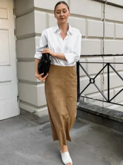 Jupe midi en daim doux taille haute fente au dos style vintage