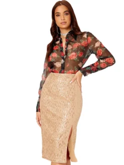 Jupe midi moulante à sequins taille haute pour femme fente avant jupe crayon de soirée