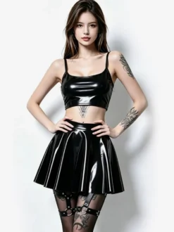 Jupe mini évasée taille haute en similicuir brillant pour femme idéale pour les soirées