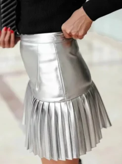Jupe mini évasée à taille haute en similicuir plissée accordéon pour femme 2026