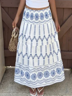 Jupes bleues taille naturelle style bohème longues jupes d'été pour femmes