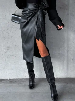 Jupes en cuir PU Noir Taille Haute Chic Fente Hiver Mi-Mollet Bas Femmes