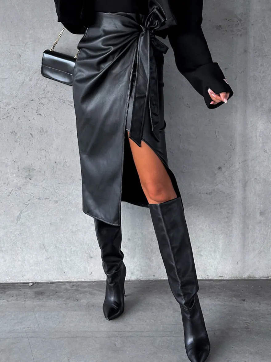Jupes en cuir PU Noir Taille Haute Chic Fente Hiver Mi-Mollet Bas Femmes