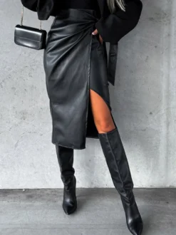 Jupes en cuir PU Noir Taille Haute Chic Fente Hiver Mi-Mollet Bas Femmes