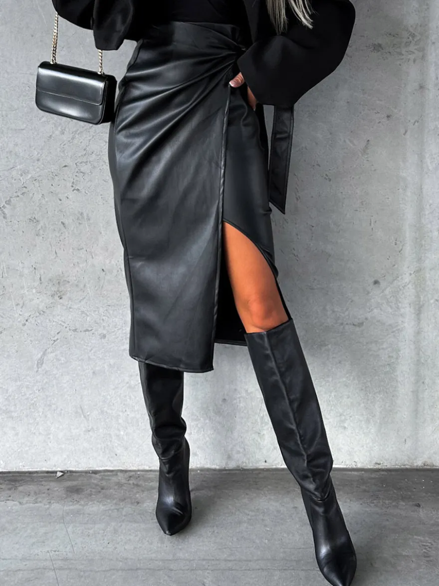 Jupes en cuir PU Noir Taille Haute Chic Fente Hiver Mi-Mollet Bas Femmes