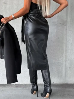 Jupes en cuir PU Noir Taille Haute Chic Fente Hiver Mi-Mollet Bas Femmes