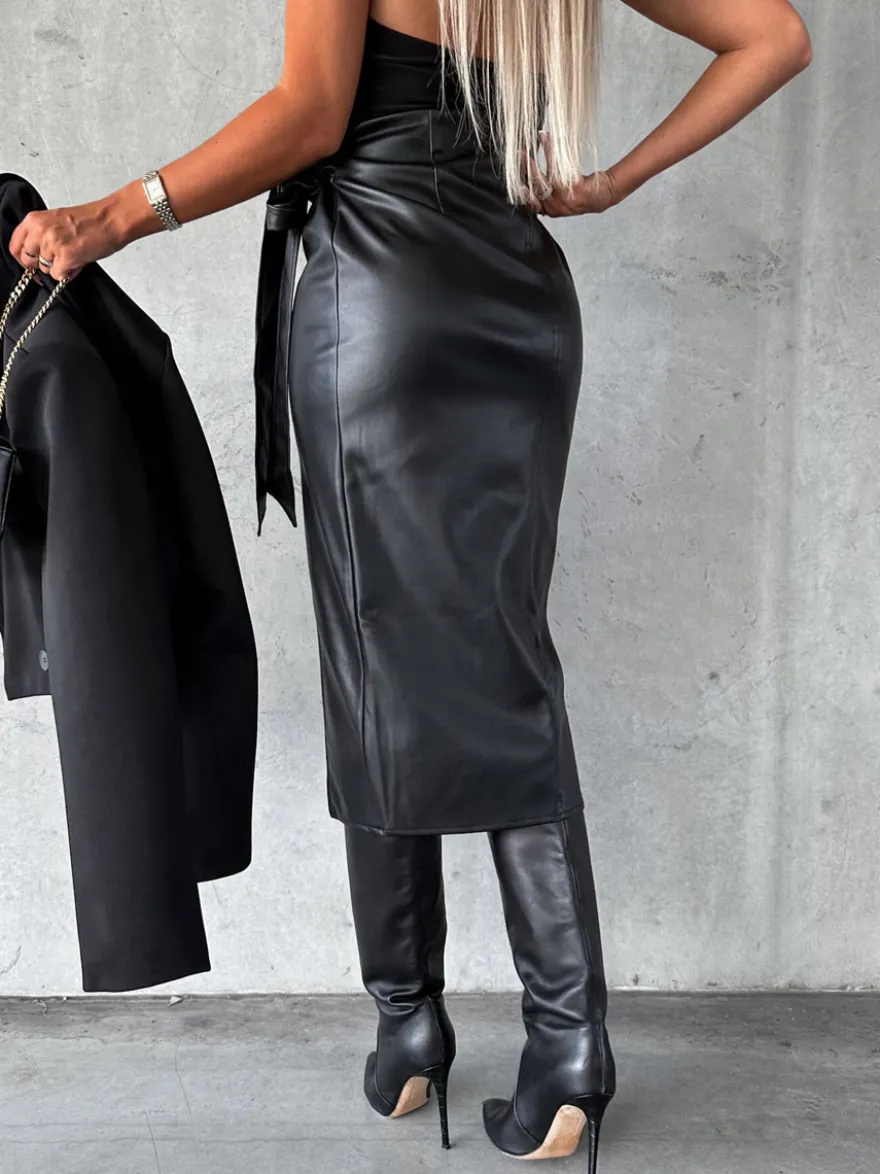 Jupes en cuir PU Noir Taille Haute Chic Fente Hiver Mi-Mollet Bas Femmes