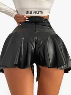 Jupe-short taille haute en similicuir plissé à volants et évasée mini-jupe short en similicuir PU jupe-short trapèze pour soirée