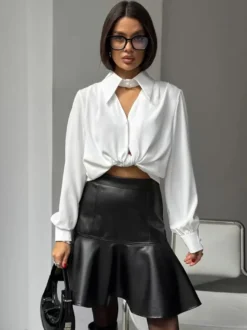 Jupe sirène mini taille haute en similicuir à ourlet volanté pour femme 2026