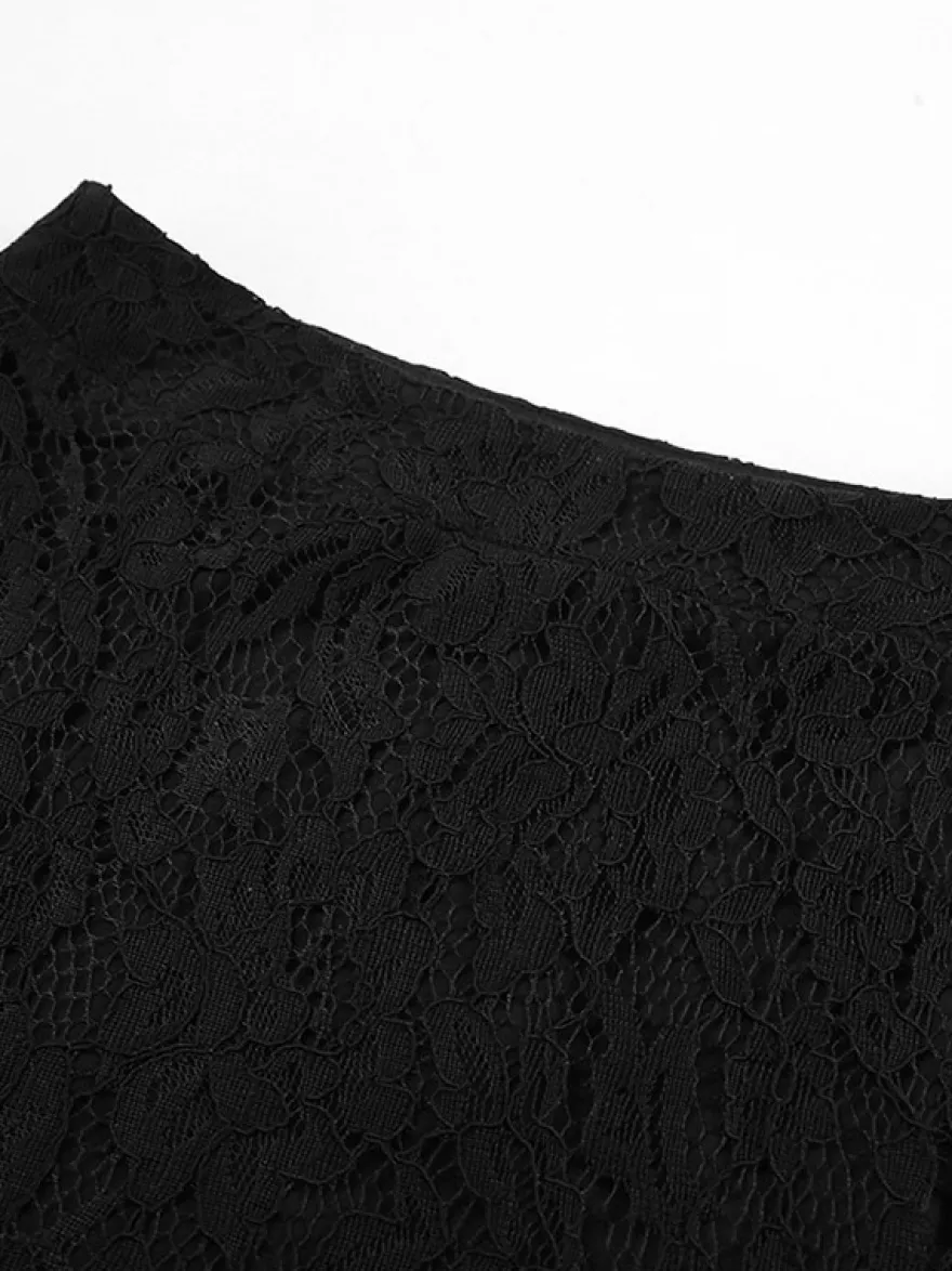 Jupe taille haute en dentelle noire transparente ajourée