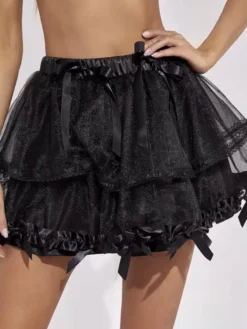 Jupe tutu mini à volants en tulle noir pailleté jupon Lolita à volants et nœud