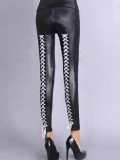 Legging Femmes Elastique Long à Cuir Synthétique Vernis Décoration avec Les Lacets à Noeuds Bicolores Sexy Legging Femmes