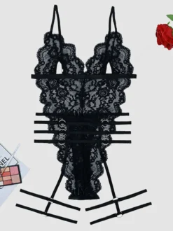 Lingerie en dentelle dos nu bordeaux pour femme body sexy avec cordon de serrage