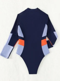 Maillot de bain une pièce de surf à manches longues et fermeture éclair sur le devant empiècements colorés