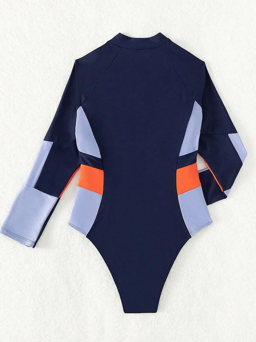 Maillot de bain une pièce de surf à manches longues et fermeture éclair sur le devant empiècements colorés