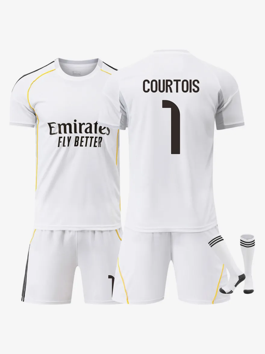 25/26 Maillot Domicile du Club de Football No.1 Courtois No.7 VINI JR No.9 Mbappé No.8 Valverde No.10 Modrić Ensemble 3 Pièces