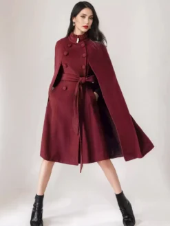Manteau cape en mélange de laine pour femme col montant poncho surdimensionné avec ceinture bleu marine foncé vêtements d'extérieur 2026