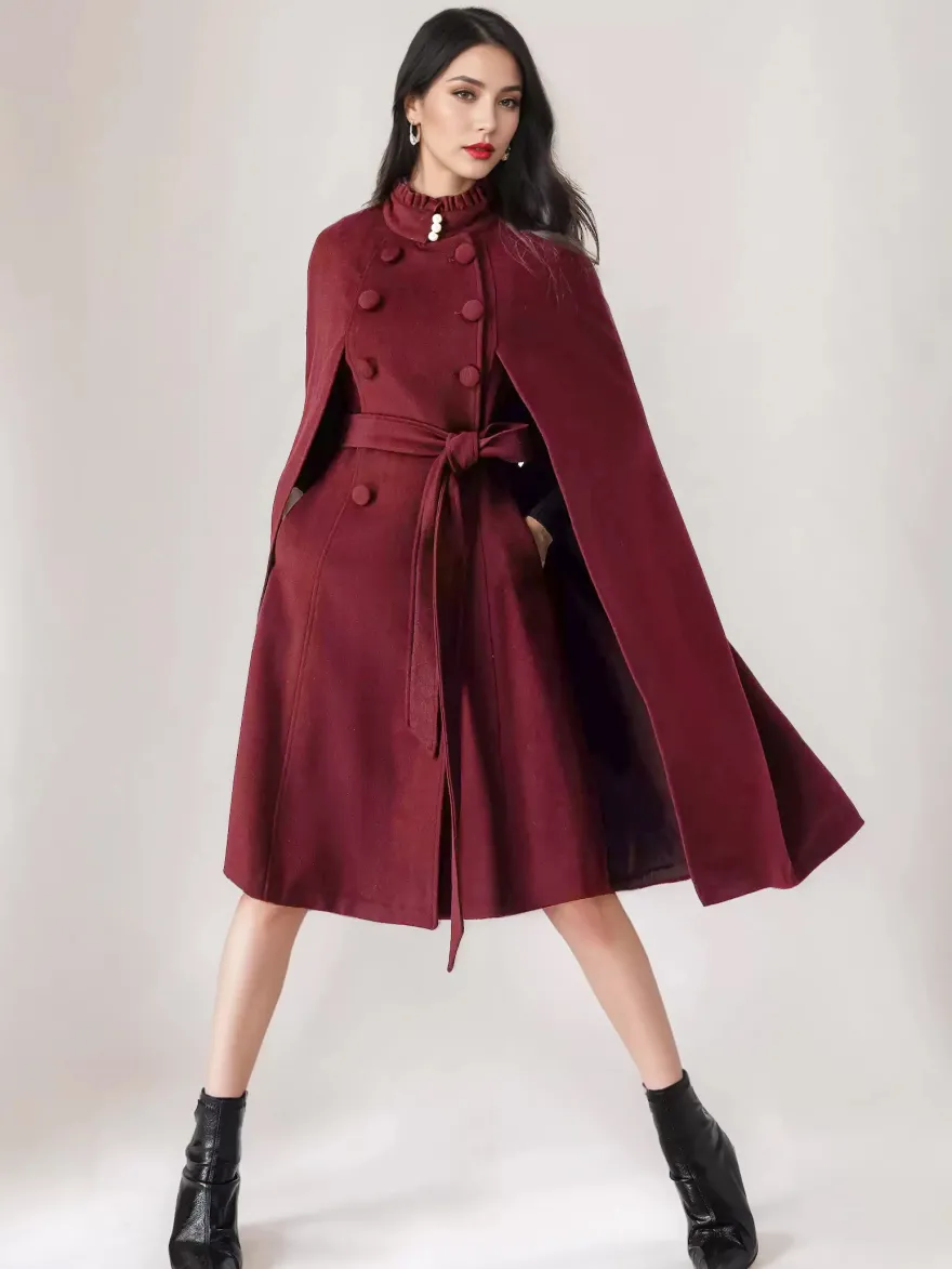 Manteau cape en mélange de laine pour femme col montant poncho surdimensionné avec ceinture bleu marine foncé vêtements d'extérieur 2026