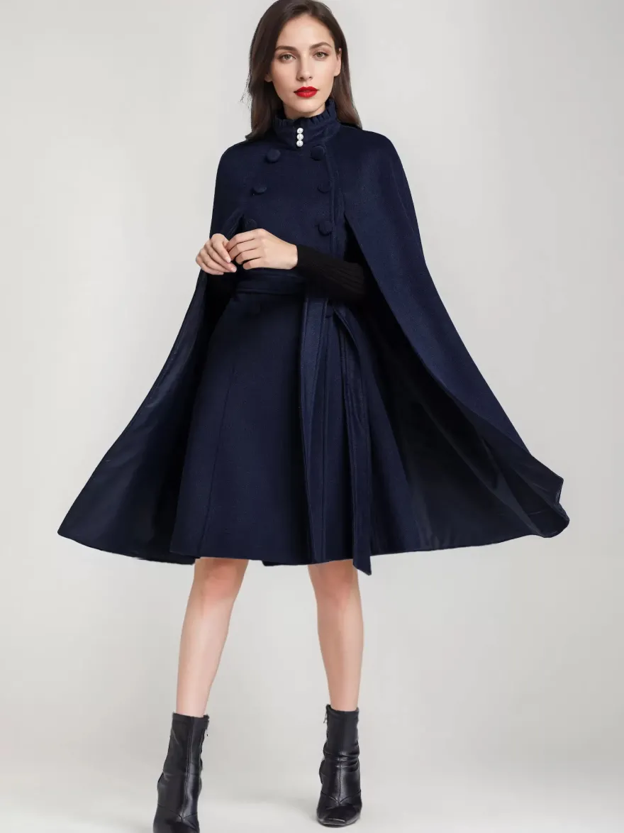 Manteau cape en mélange de laine pour femme col montant poncho surdimensionné avec ceinture bleu marine foncé vêtements d'extérieur 2026