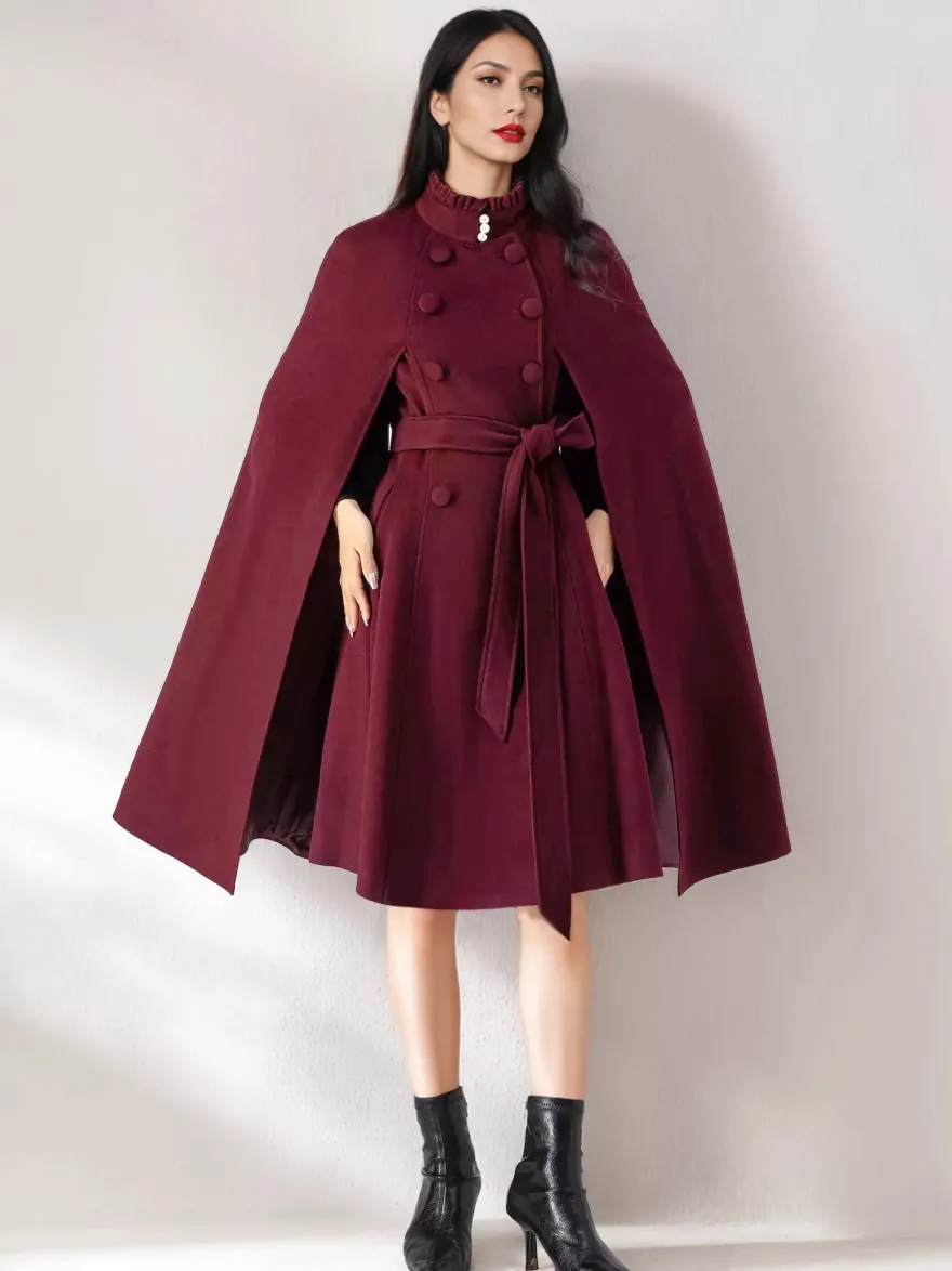 Manteau cape en mélange de laine pour femme col montant poncho surdimensionné avec ceinture bleu marine foncé vêtements d'extérieur 2026