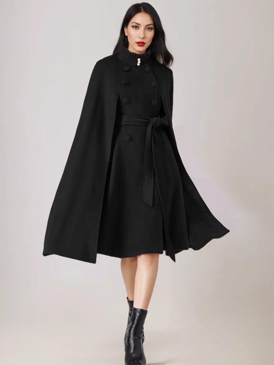 Manteau cape en mélange de laine pour femme col montant poncho surdimensionné avec ceinture bleu marine foncé vêtements d'extérieur 2026