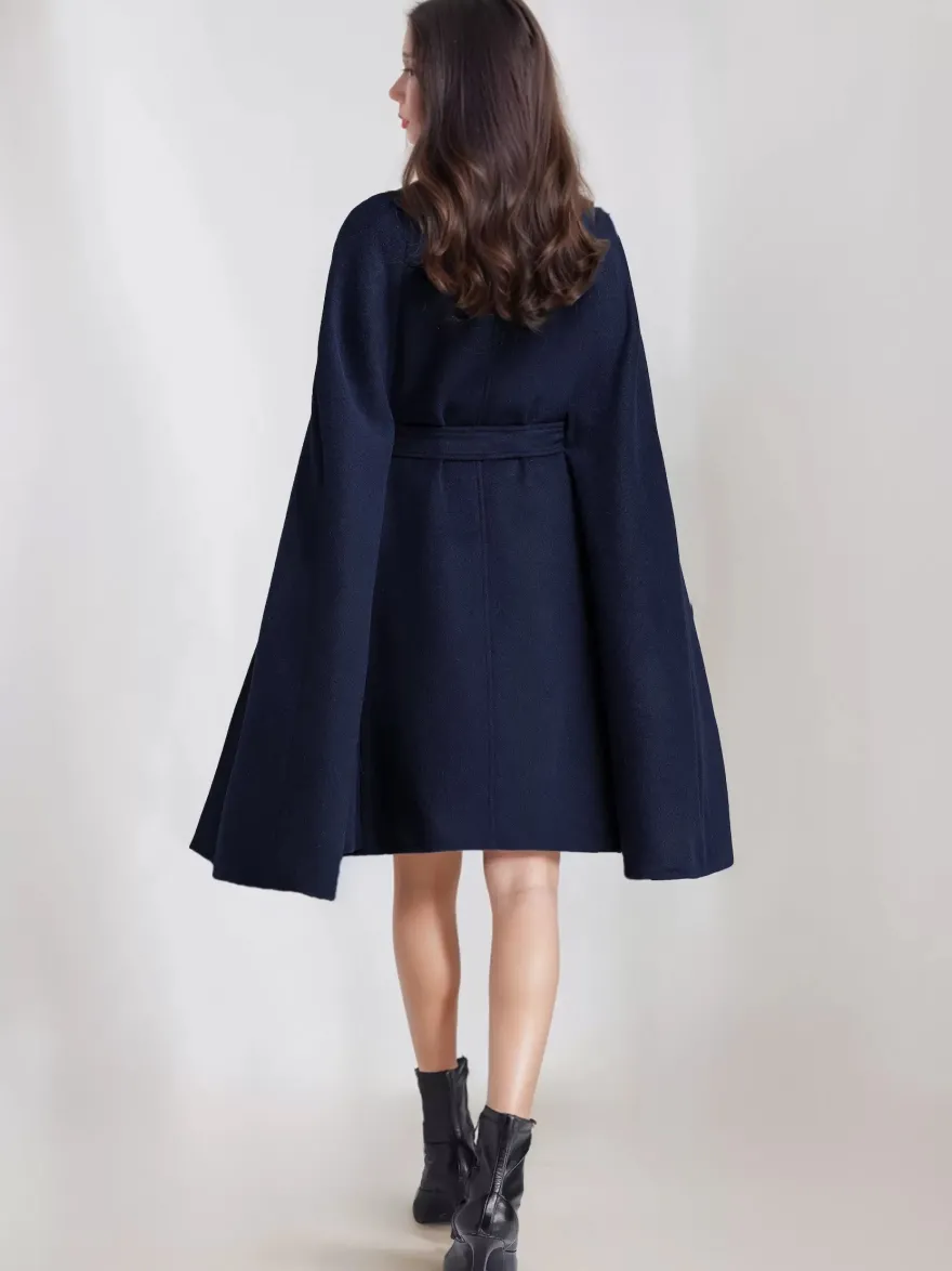Manteau cape en mélange de laine pour femme col montant poncho surdimensionné avec ceinture bleu marine foncé vêtements d'extérieur 2026