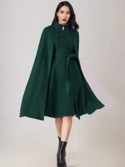 Manteau cape en mélange de laine pour femme col montant poncho surdimensionné avec ceinture bleu marine foncé vêtements d'extérieur 2026