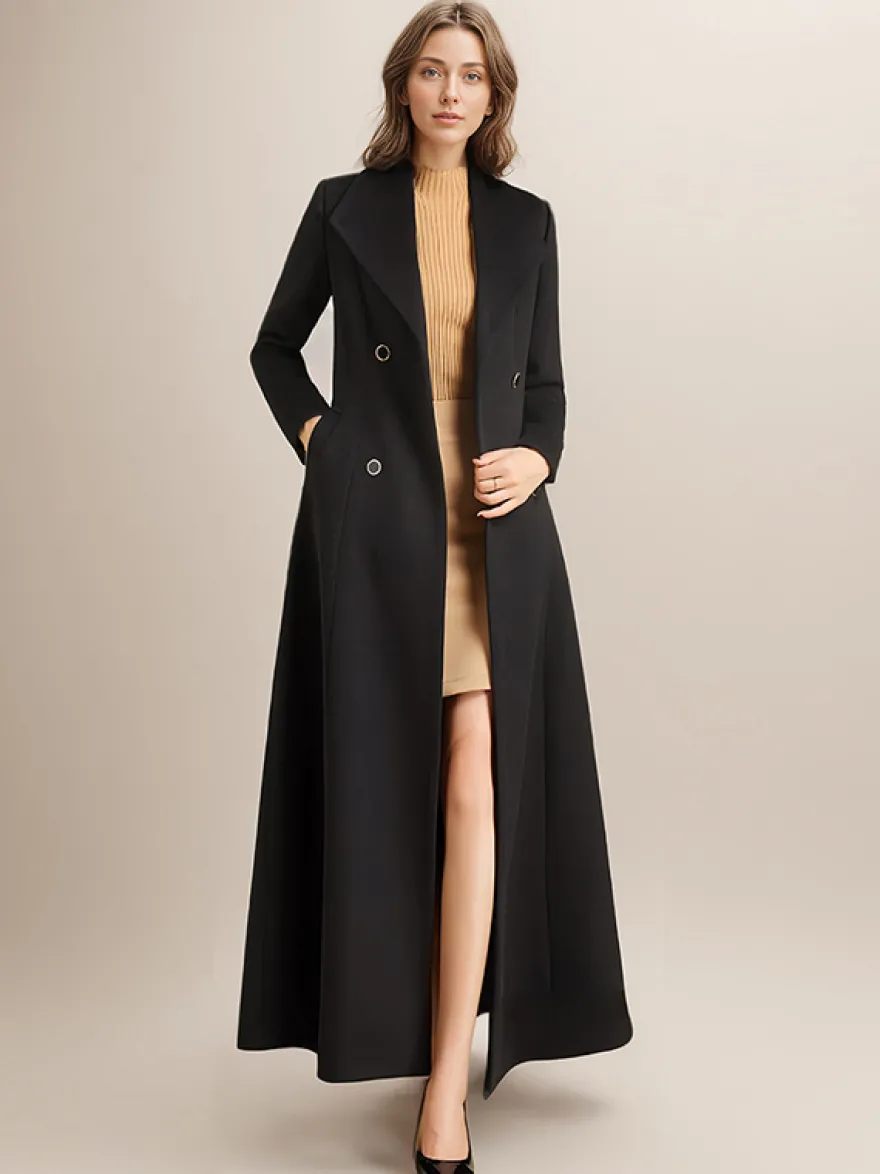 Manteau en laine maxi pour femme croisé grand revers ceinture ligne A pleine longueur vêtements d'extérieur d'hiver 2026