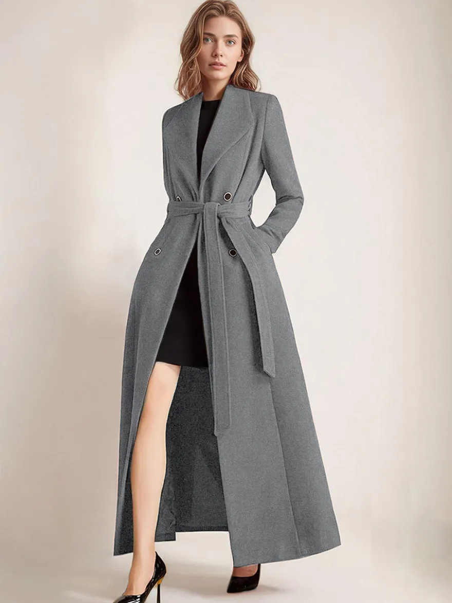 Manteau en laine maxi pour femme croisé grand revers ceinture ligne A pleine longueur vêtements d'extérieur d'hiver 2026