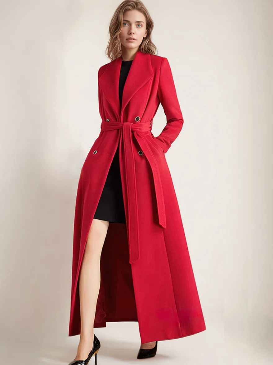 Manteau en laine maxi pour femme croisé grand revers ceinture ligne A pleine longueur vêtements d'extérieur d'hiver 2026