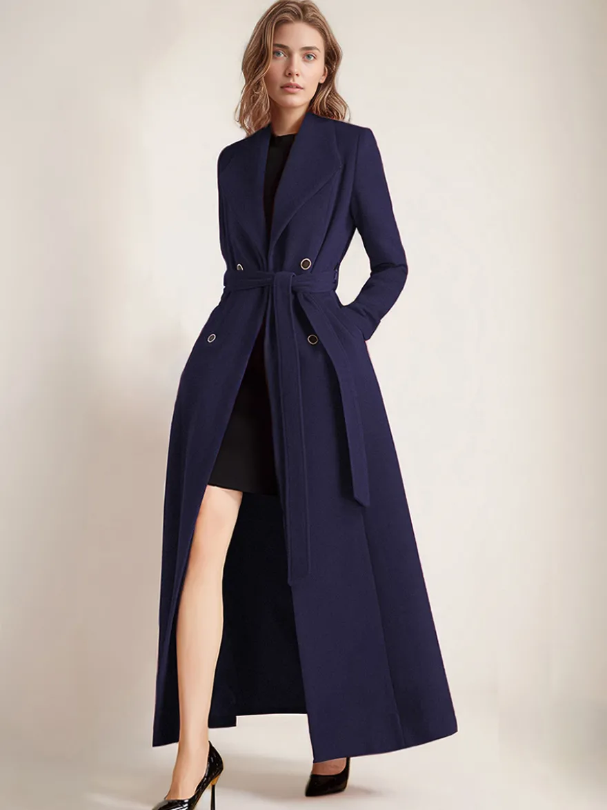 Manteau en laine maxi pour femme croisé grand revers ceinture ligne A pleine longueur vêtements d'extérieur d'hiver 2026