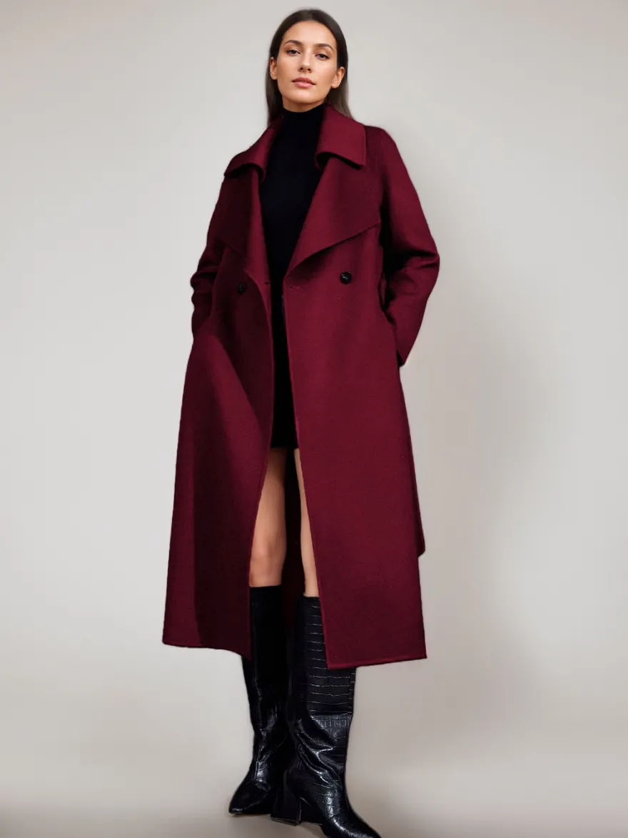 Manteau en laine rouge et cachemire mélangé pour femme Bordeaux croisé double face vêtements d'extérieur d'hiver 2026