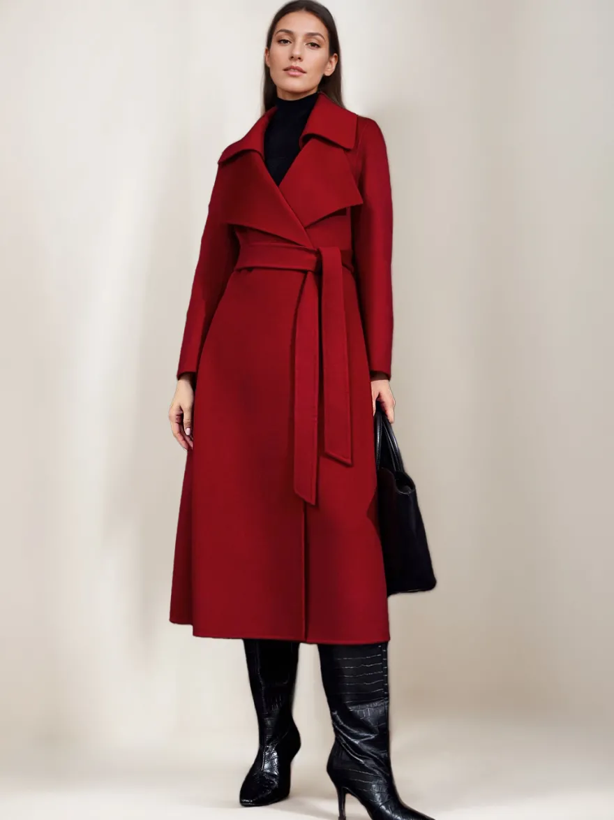Manteau en laine rouge et cachemire mélangé pour femme Bordeaux croisé double face vêtements d'extérieur d'hiver 2026