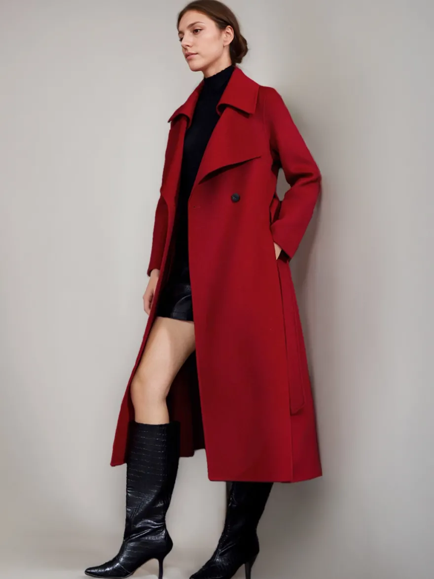 Manteau en laine rouge et cachemire mélangé pour femme Bordeaux croisé double face vêtements d'extérieur d'hiver 2026