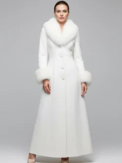 Manteau long blanc en laine avec col et poignets en fausse fourrure pour femme 2026