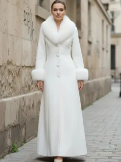 Manteau long blanc en laine avec col et poignets en fausse fourrure pour femme 2026
